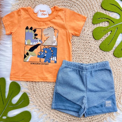 Conj. Camiseta Dinosaur Expert e Bermuda - Laranja e Azul